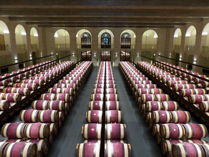 Row upon row of barrels in Château Montrose's chai.
