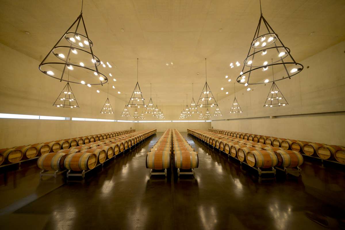 The barrel room at the new Château Belair Monange winery